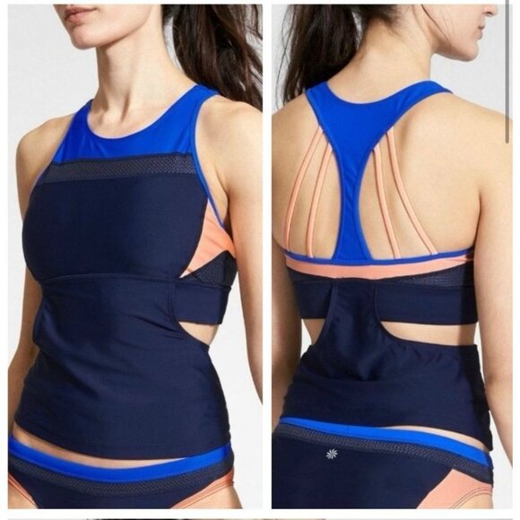 Athleta Tri-ssential Loose Tankini Top Only Size XS Blue Peach Sporty Swim Beach - Picture 1 of 10